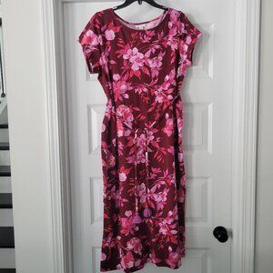 NWT J.Jill Cap Sleeve Maxi Dress MP Cranberry Floral Tassel Belt Summer T Shirt